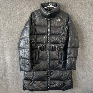 The North Face Down Puffer Coat Womens Small Black Long 600 Fill Belted‎ Warm